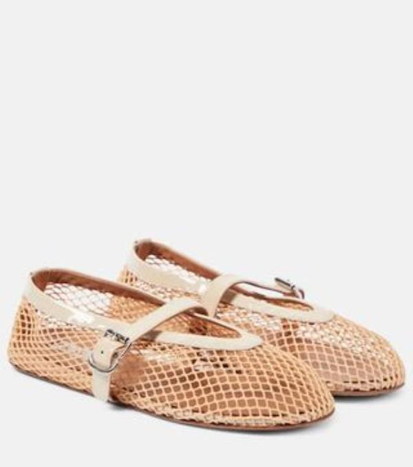 Leather-Trimmed Fishnet Ballet Flats