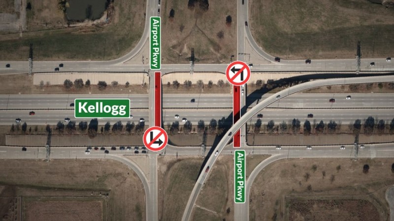 由于道路建设，在西凯洛格（West Kellogg）上繁忙的桥梁上不可能左转弯